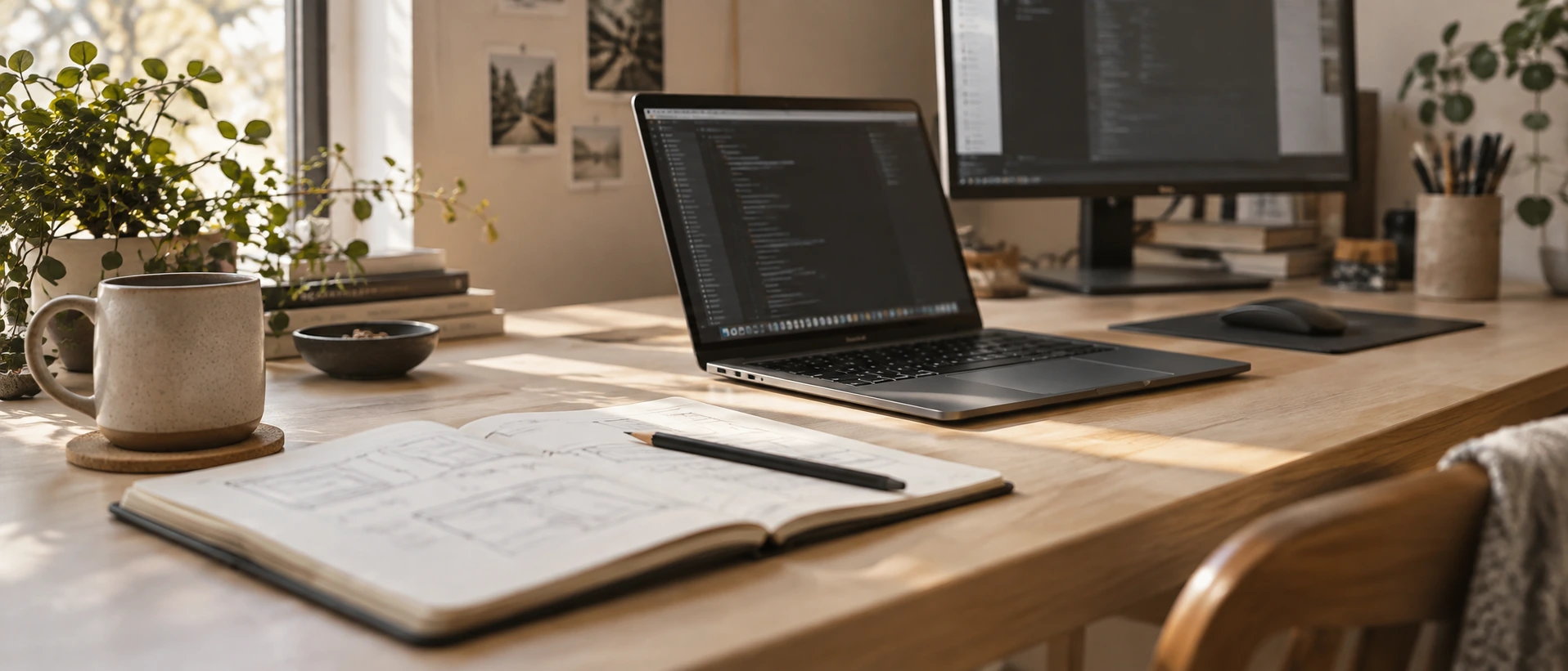 Illustrative developer workspace — desk with monitors and planning materials