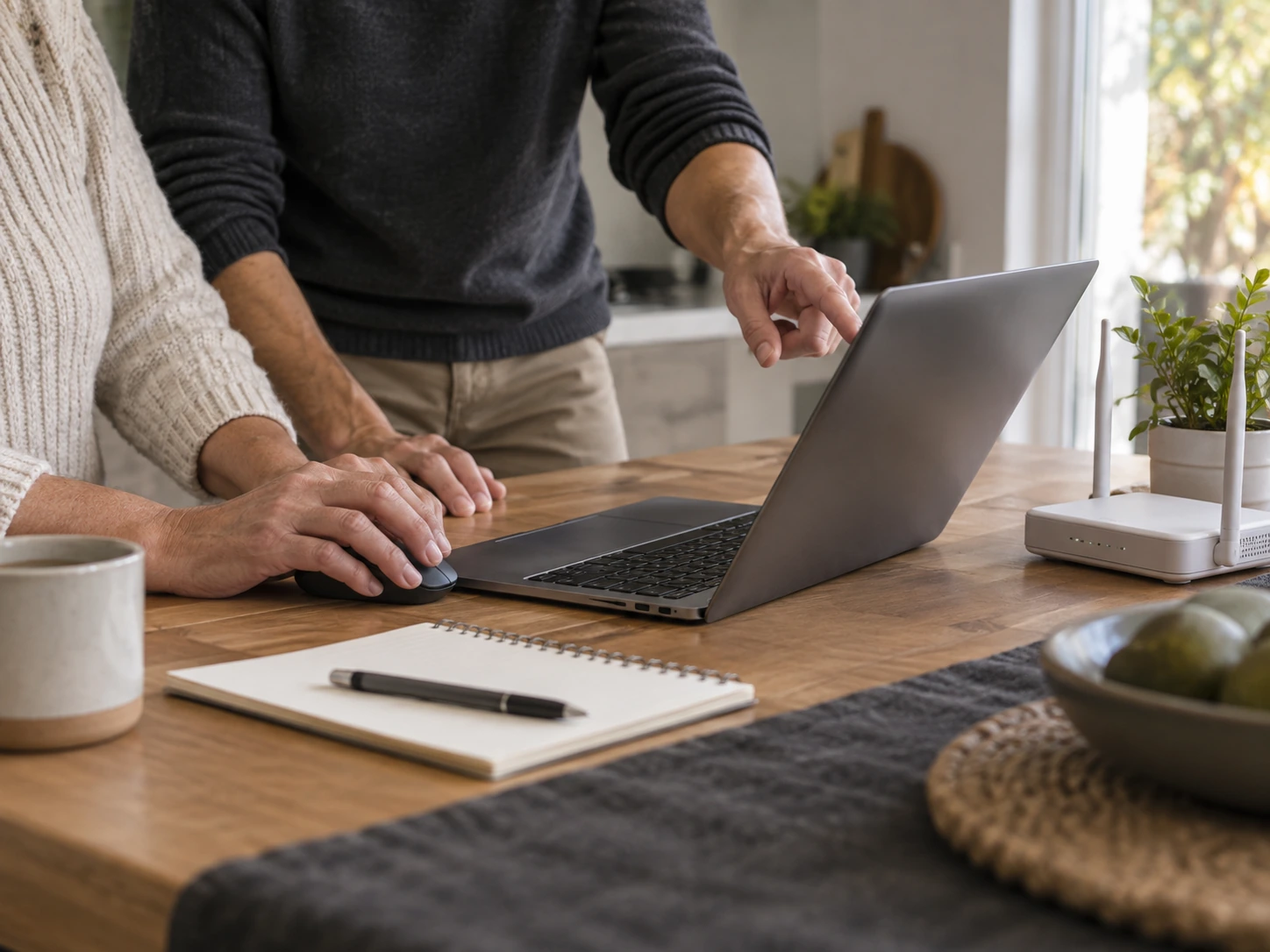 Illustrative image: anonymous adult hands helping with a laptop