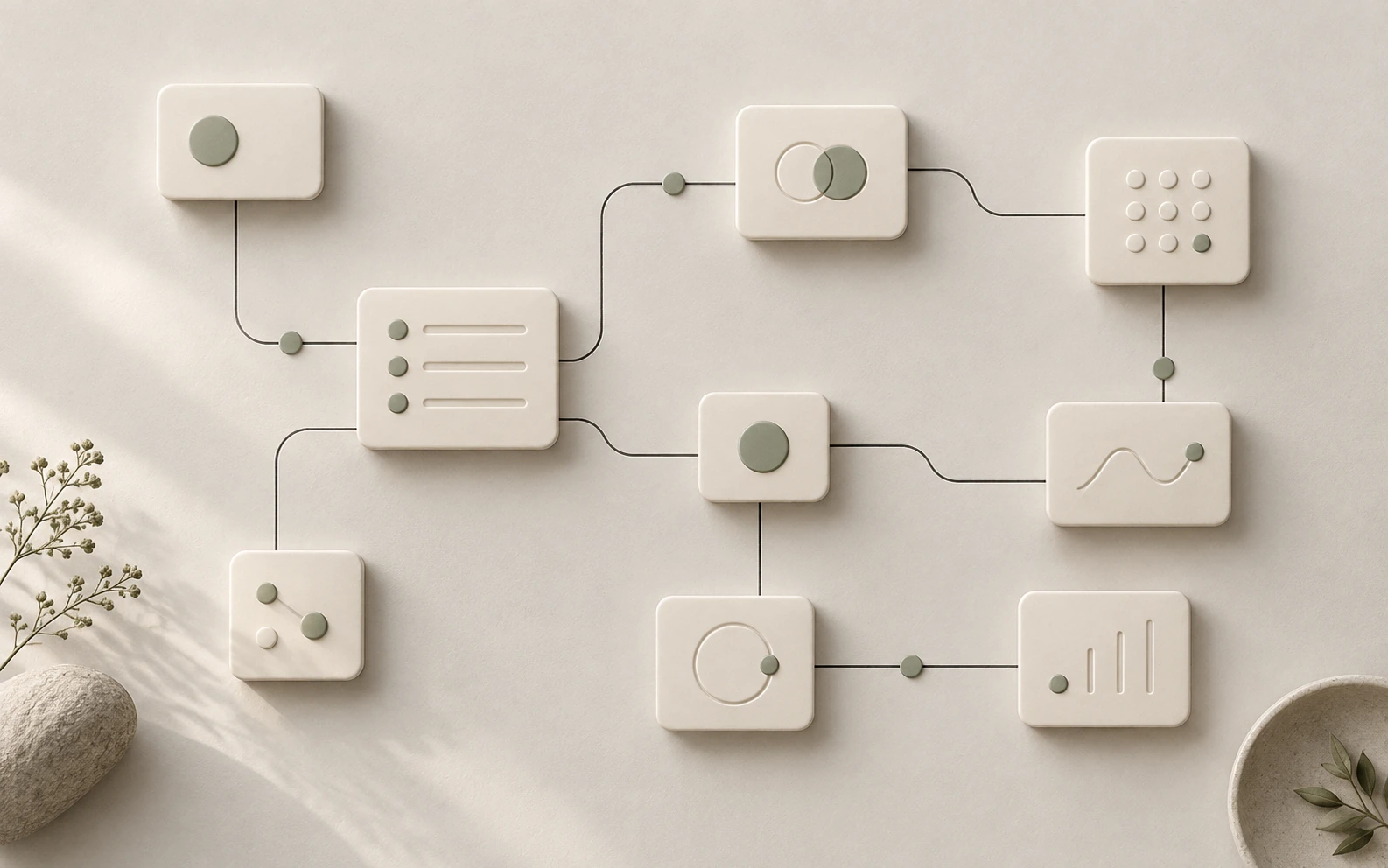 Illustrative abstract workflow diagram — interconnected nodes in warm ivory tones, MCFlow concept