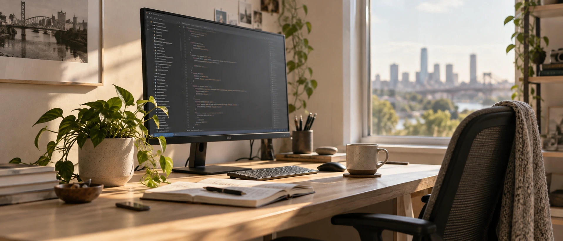 Illustrative developer workspace — warm desk with monitor and keyboard (illustrative, not Matthias's actual office)