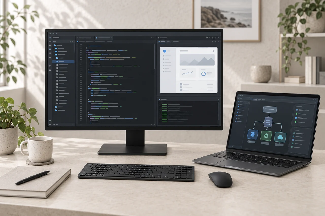 Custom software development workstation with code editor and system architecture tools