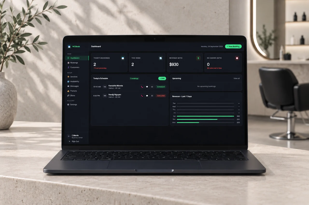 MCBook online booking and customer-management dashboard