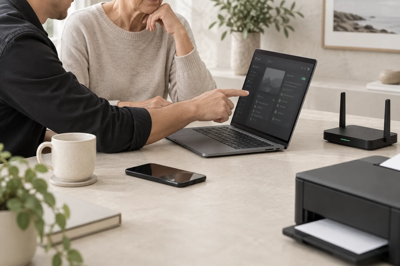 Onsite technology support helping a customer with a laptop and home network