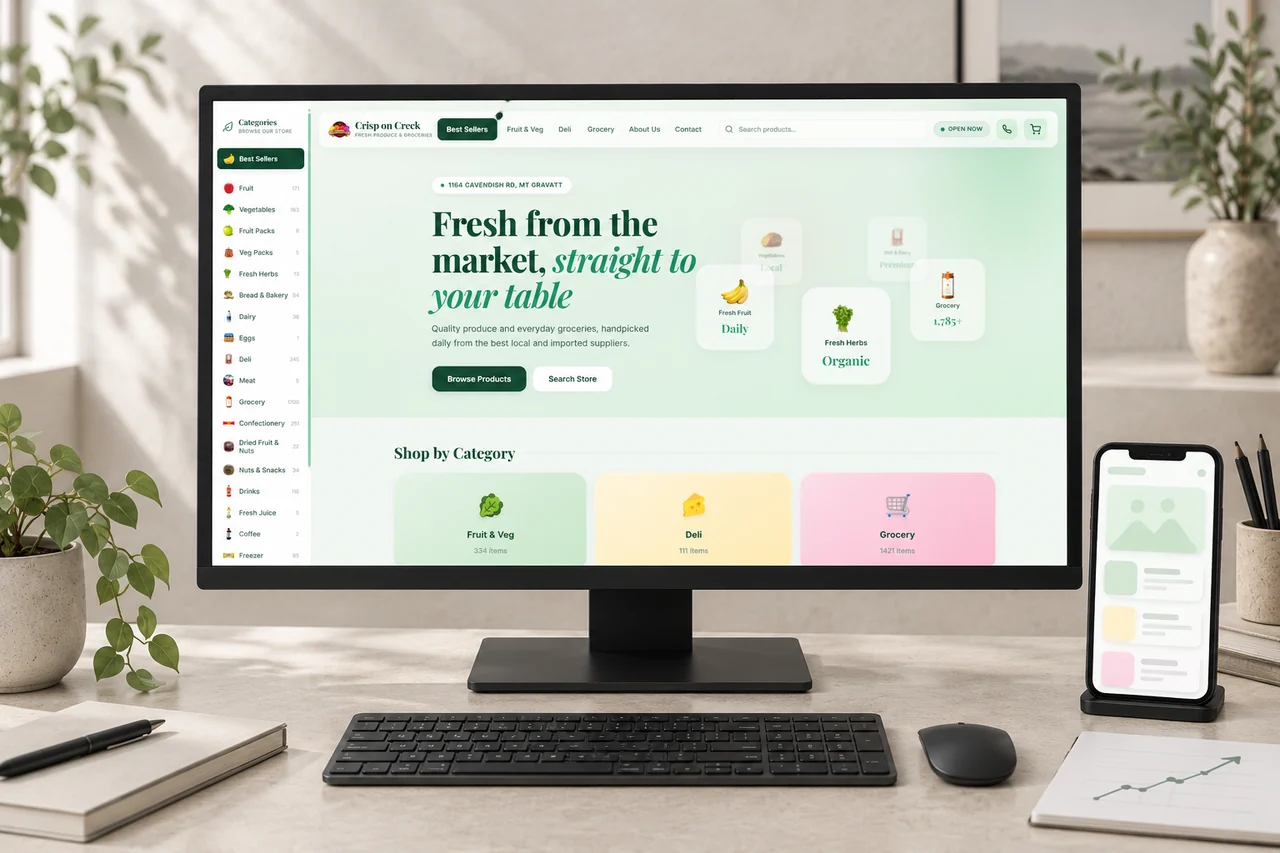 Responsive website design displayed on desktop and mobile screens in a modern studio