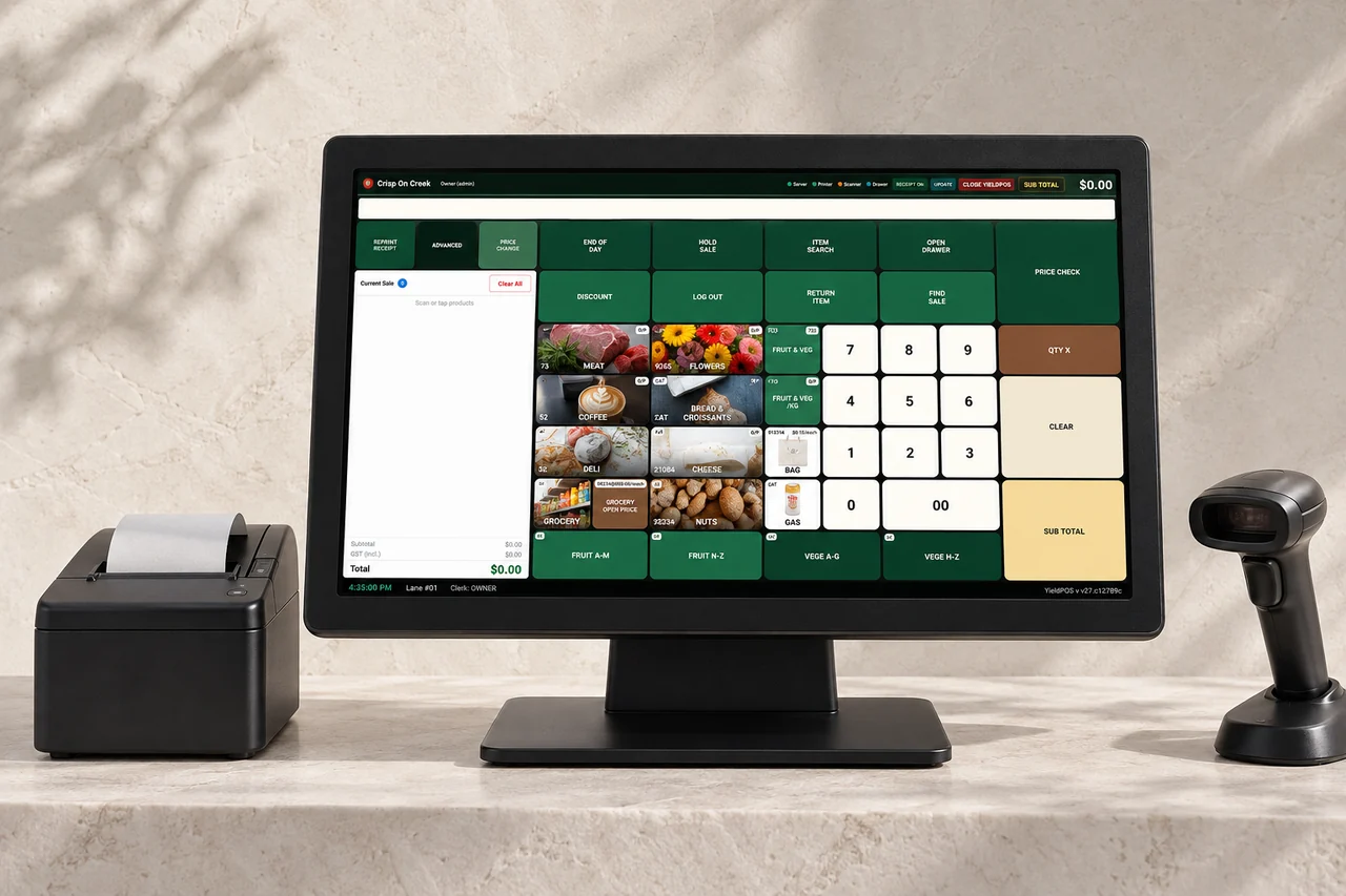 YieldPOS point-of-sale software running on a checkout terminal