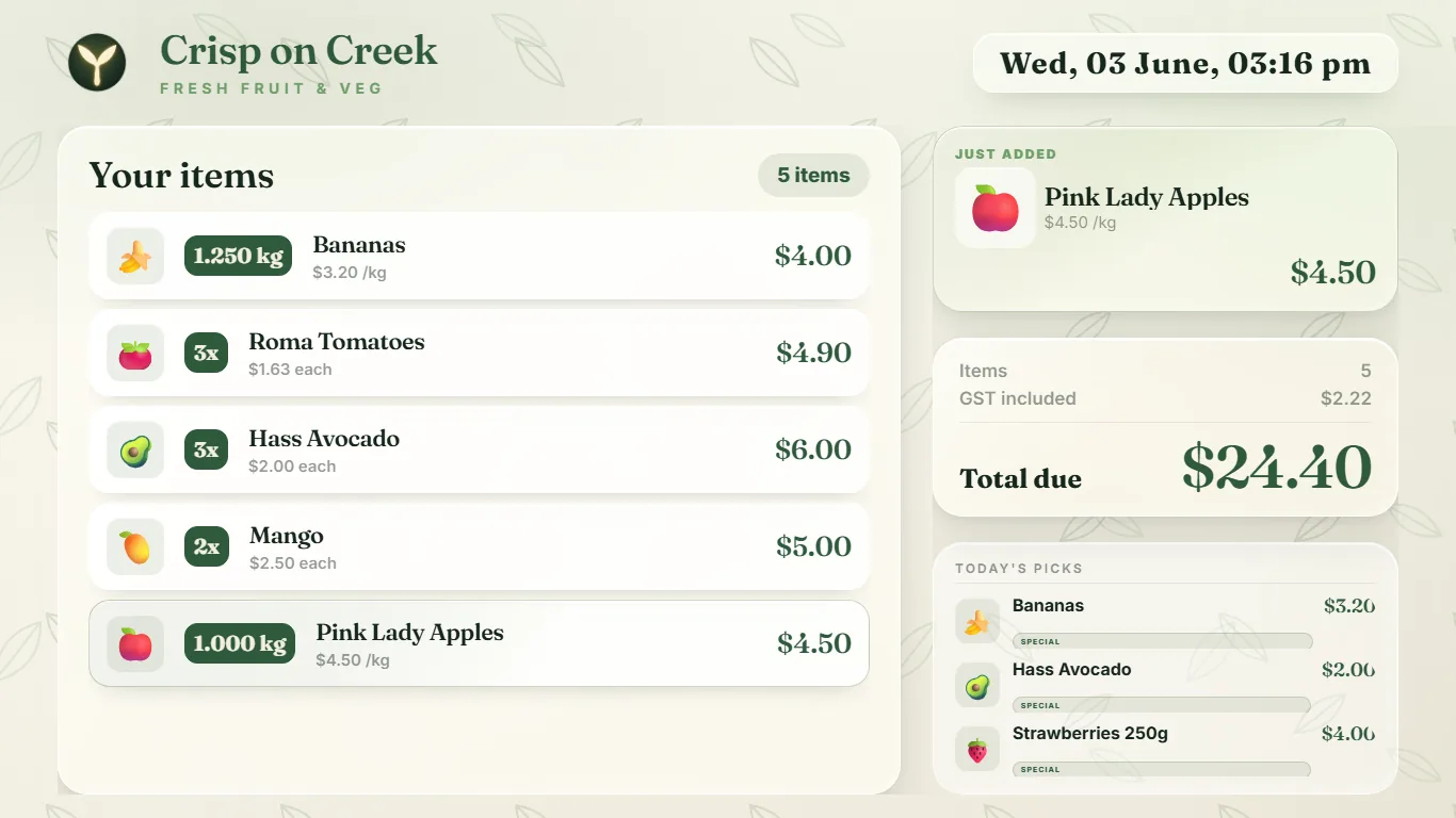 YieldPOS customer display showing live basket and total